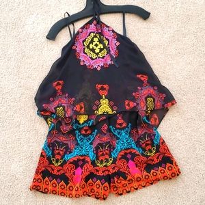 Bebe Halter Embroidered Short Romper